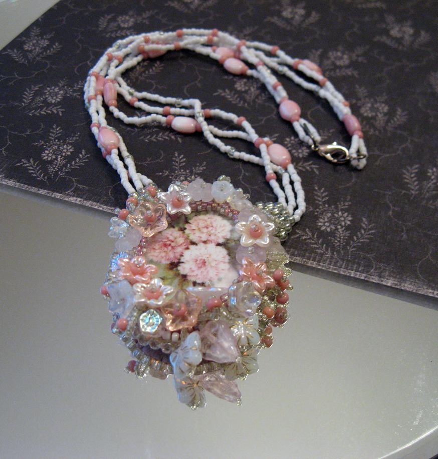 Wedding Bouquet, Hand Beaded Porcelain Pink Carnations Cabochon Necklace 17