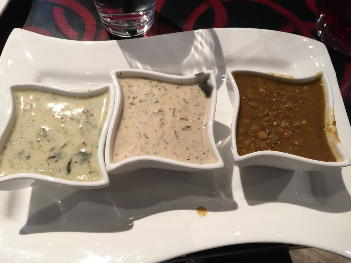 From right chicken artichoke, clam chowder, and Morrocan lentil. No gf bread to go with, but I didn'