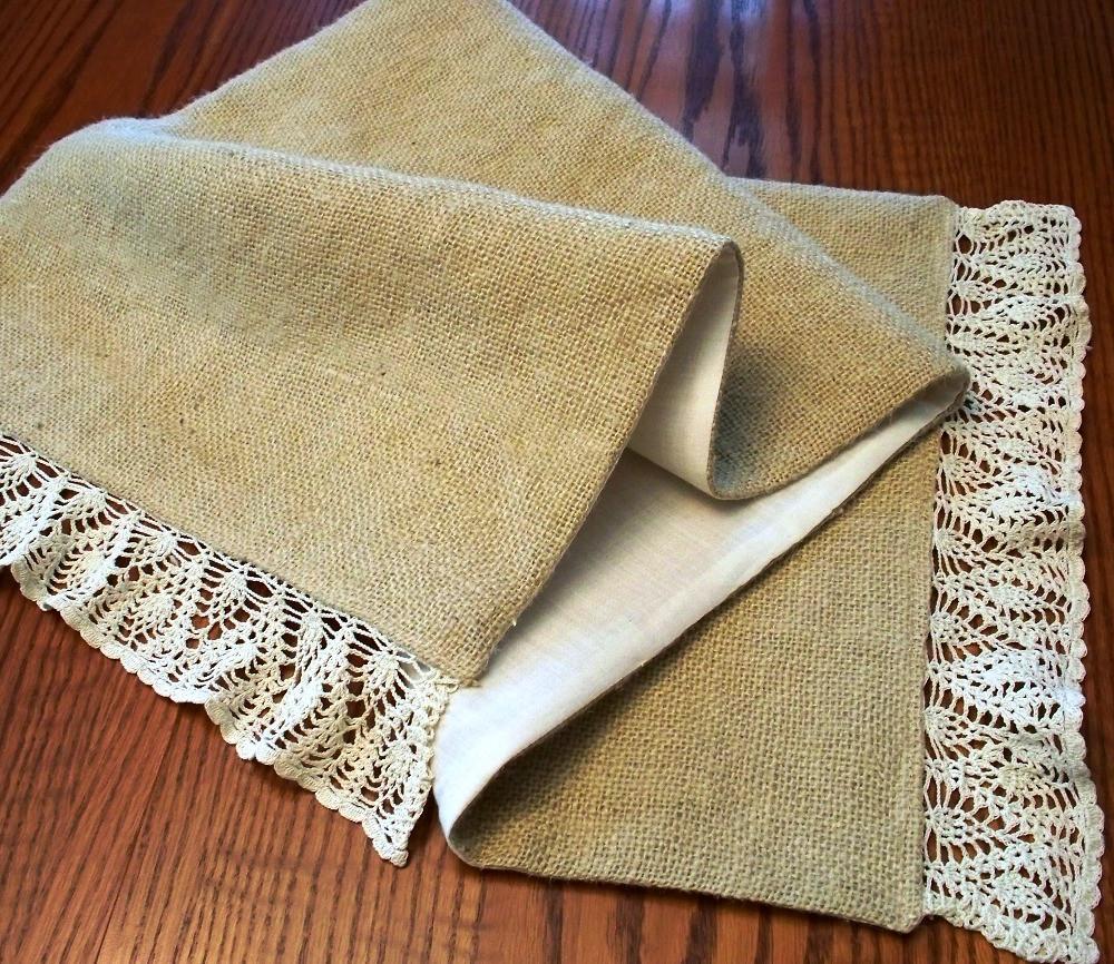 Burlap table runner Handmade crocheted lace Country cottage coastal decor