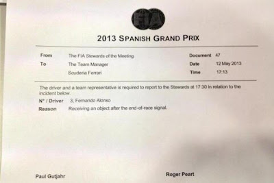 повестка FIA для Фернандо Алонсо за подобранный флаг на круге возвращения после победы на Гран-при Испании 2013