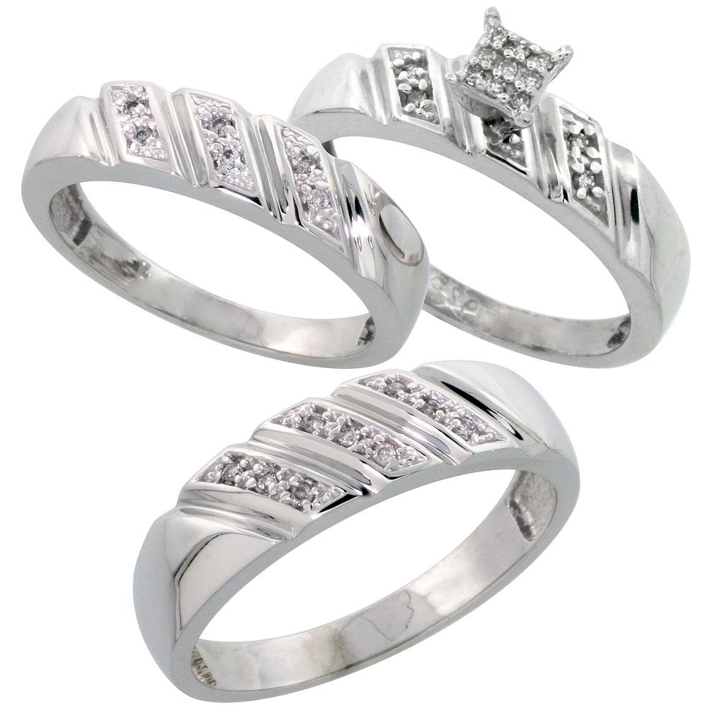 Sterling Silver 3-Piece Trio His  6mm  & Hers  5mm  Diamond Wedding Band Set