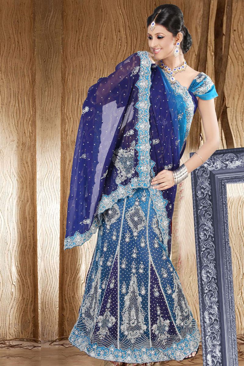 Royal Blue and Rama Green Embroidered Lehenga Style Saree   368.00
