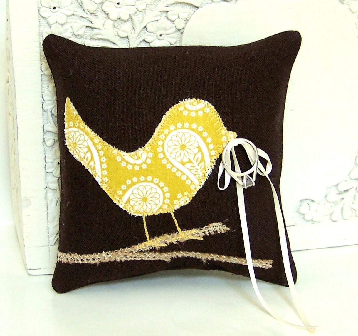 Love Bird Ring Bearer Pillow, Modern Mustard Yellow Paisley, Ivory, Burlap