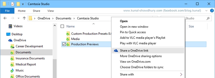 Easily share OneDrive link in Windows 10 (www.kunal-chowdhury.com)