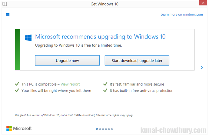 Microsoft recommends upgrading to Windows 10 for free (www.kunal-chowdhury.com)