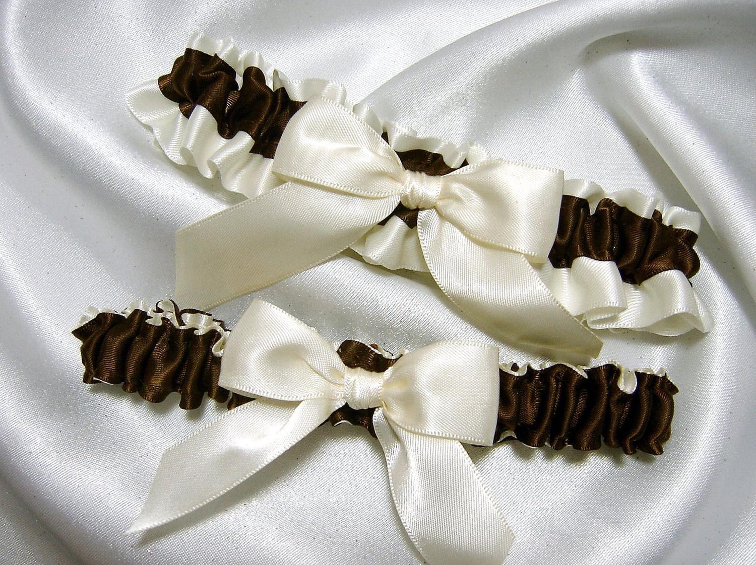 Chocolate Brown and Ivory Satin Wedding Garter Set w  Bow - Toss Garter