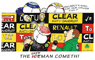Себастьян Феттель и Льюис Хэмилтон посыпают Кими Райкконена тальком - комикс The Iceman Snowman Cometh от Jim Bamber