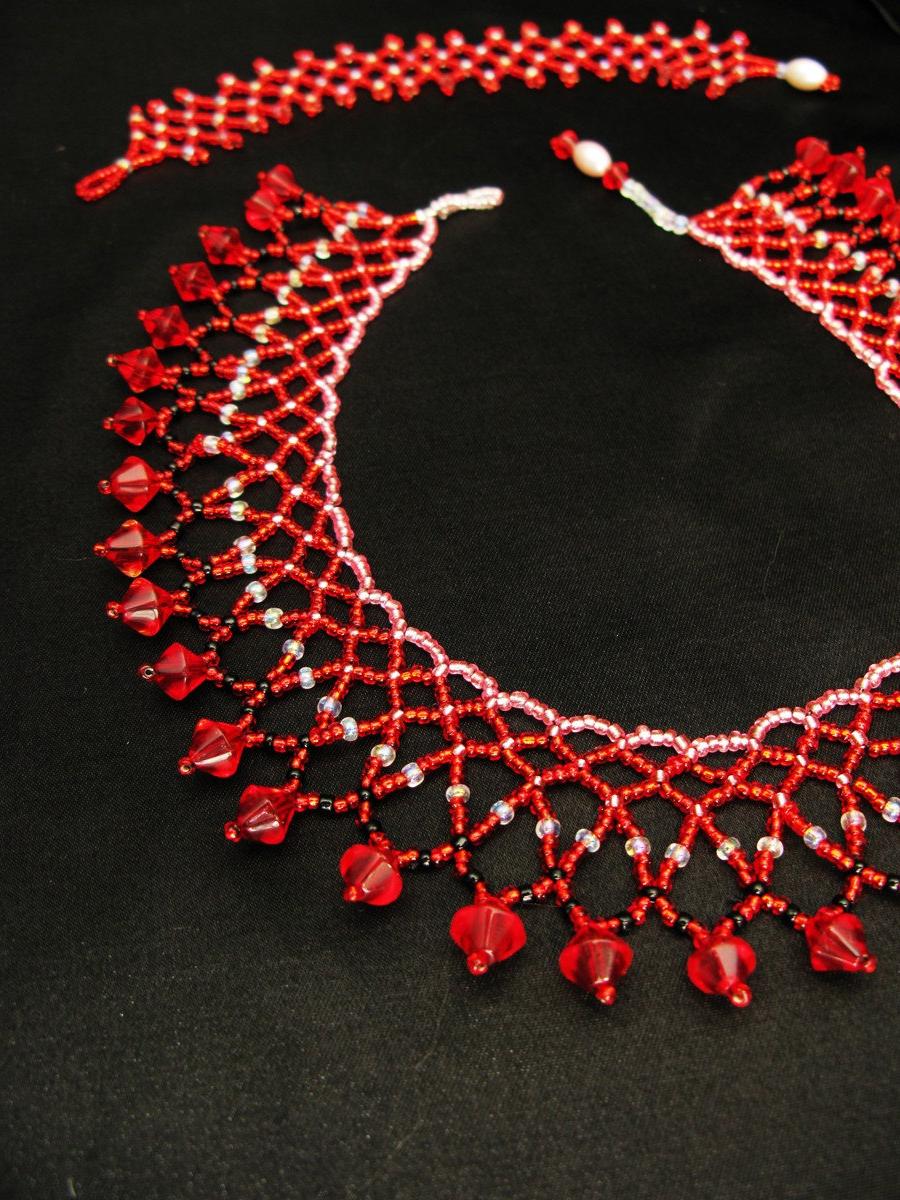 Victorian Necklace set matching Red bracelet.Red Beaded Lace perfect for