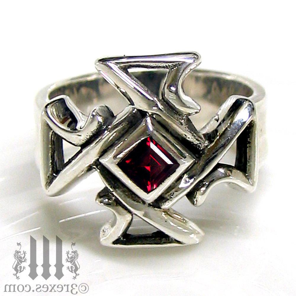 Celtic Cross Ring Dark Red Garnet Gothic Unisex Silver Wedding Band Size 7