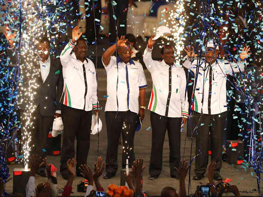 NASA Coalition principals Musalia Mudavadi, Raila Odinga, Isaac Ruto, Kalonzo Musyoka, and Moses Wetangula after announcing the membership of Chama cha mashinani party at the Bomas of Kenya on April 20, 2017. Photo/Jack Owuor