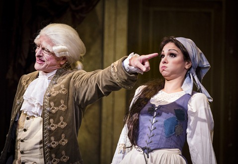 IN REVIEW: Bass-baritone DONALD HARTMANN as Don Magnifico (left) and mezzo-soprano SANDRA PIQUES EDDY as Angelina (right) in Greensboro Opera's production of Gioachino Rossini's LA CENERENTOLA, August 2015 [Photo © by Artisan Images/David Wilson, used with permission]