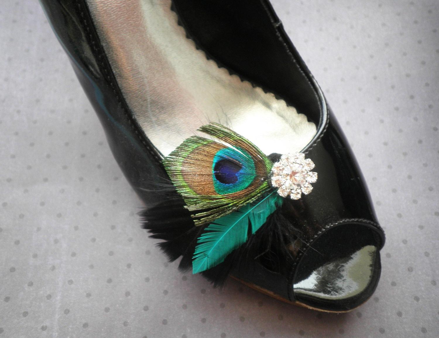 Peacock Black - Peacock and black Feather Shoe Clips with rhinestone jewel,