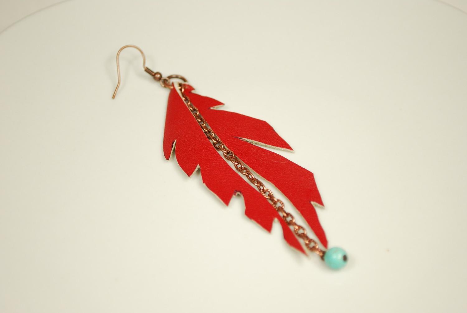 Red Feather Earrings - Leather