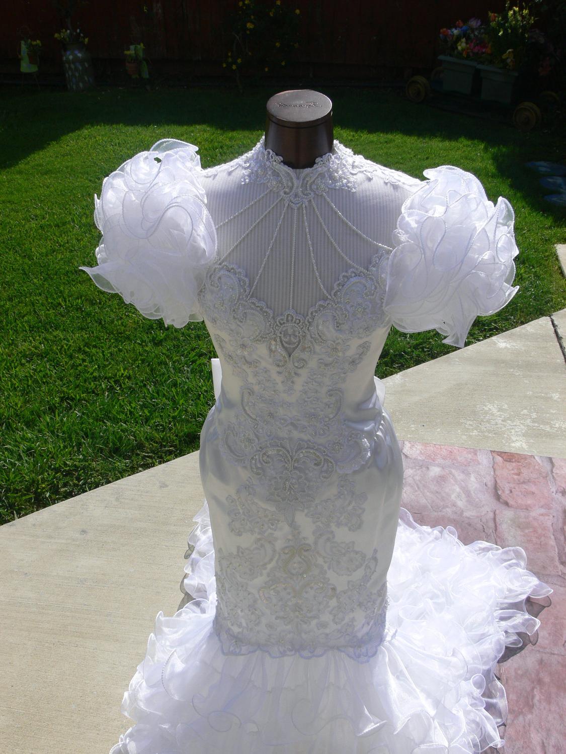 White Satin Bridal Mermaid Wedding Gown size 3 or 4 with pearls and long