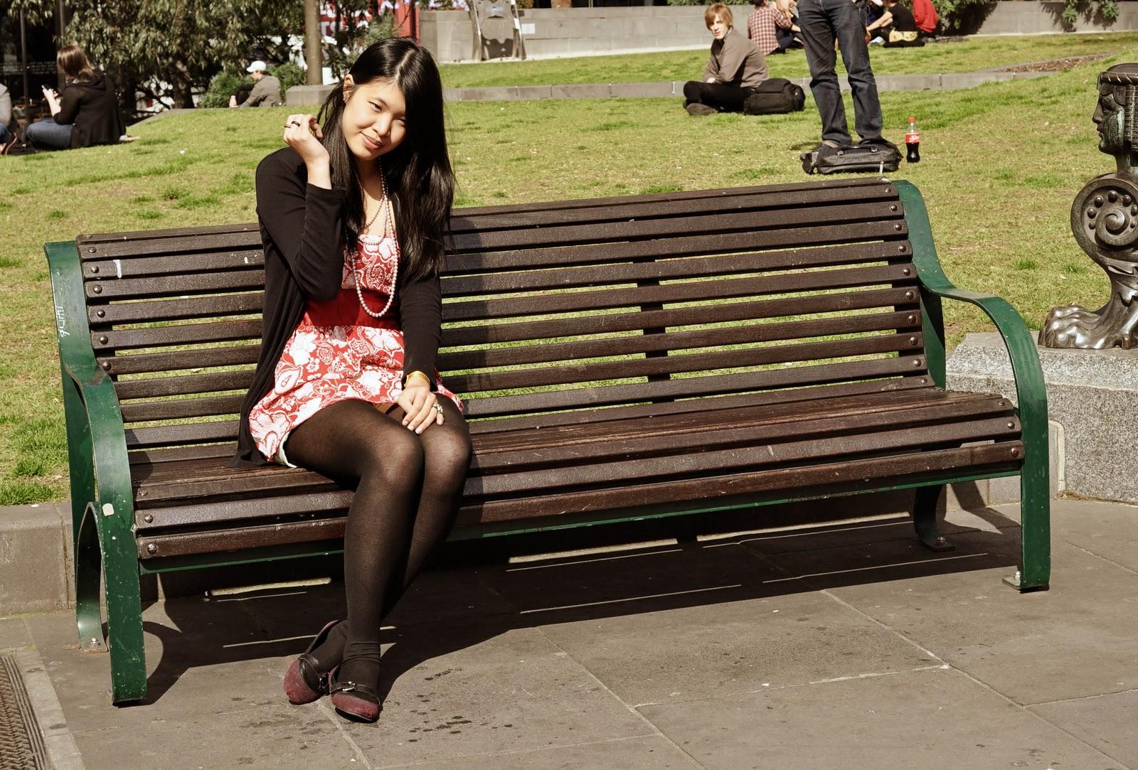 in her red floral dress.