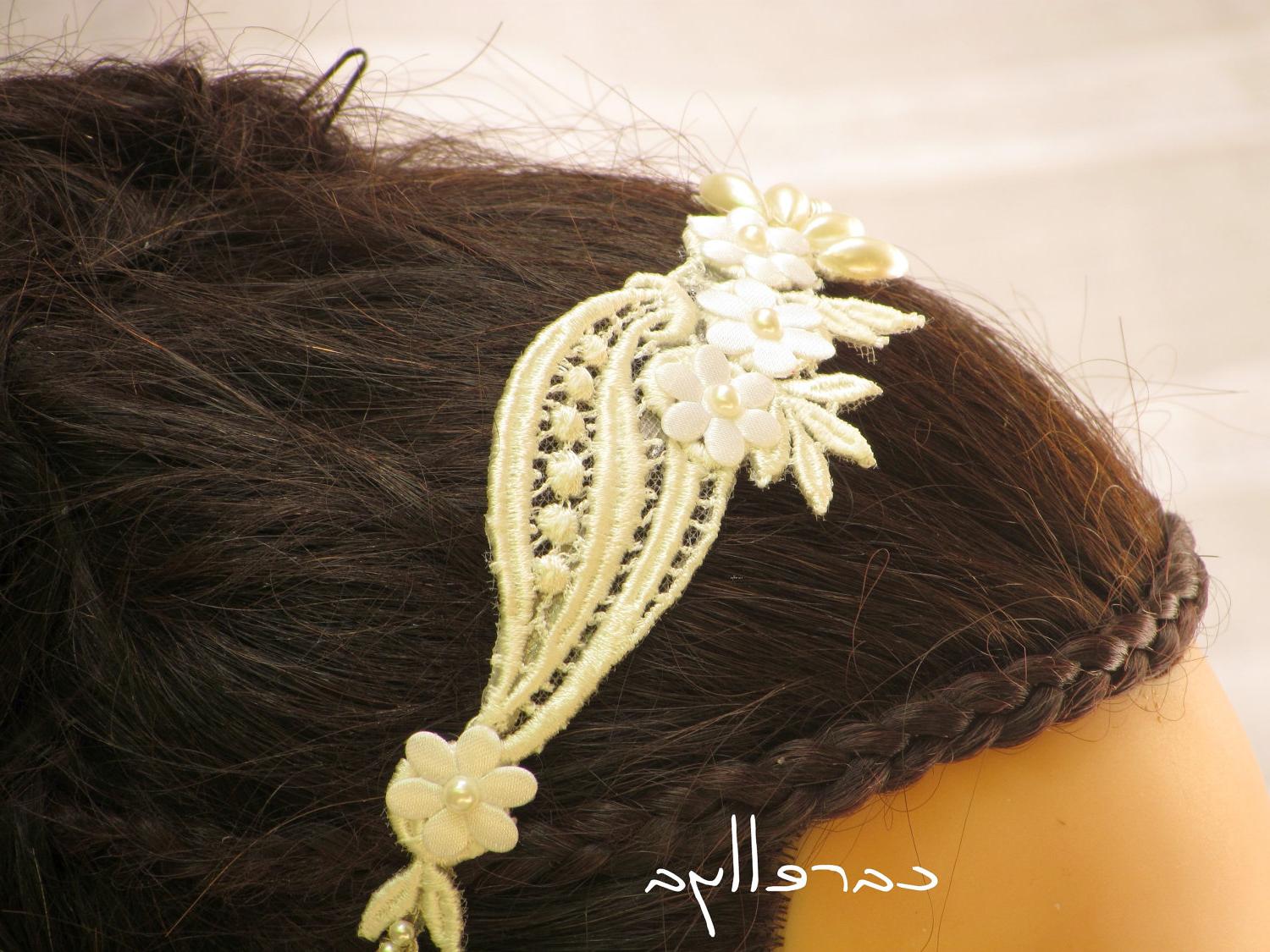Bridal Lace Headband - Ivory Lace Headpiece With Pearls - Wedding Hair