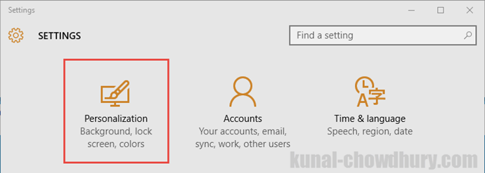 Windows 10 - Settings - Personalization (www.kunal-chowdhury.com)