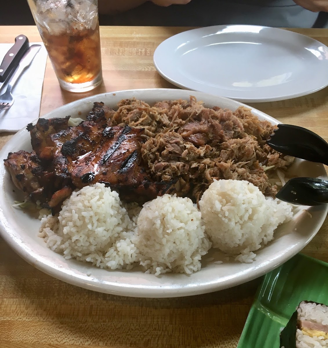 Grilled teriyaki chicken and kalua pork combo with rice