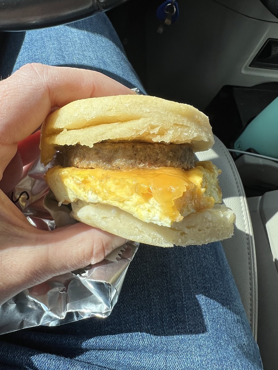 Sausage and cheese biscuit breakfast sandwich