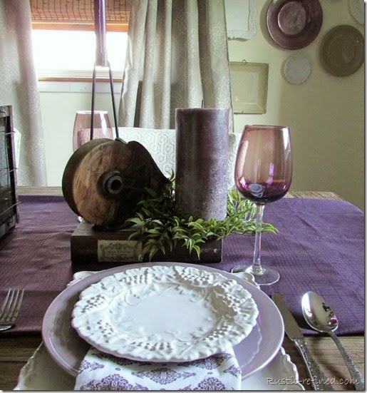 Using some Italian Dessert plates and some polish pottery I set a purple and white tablescape.