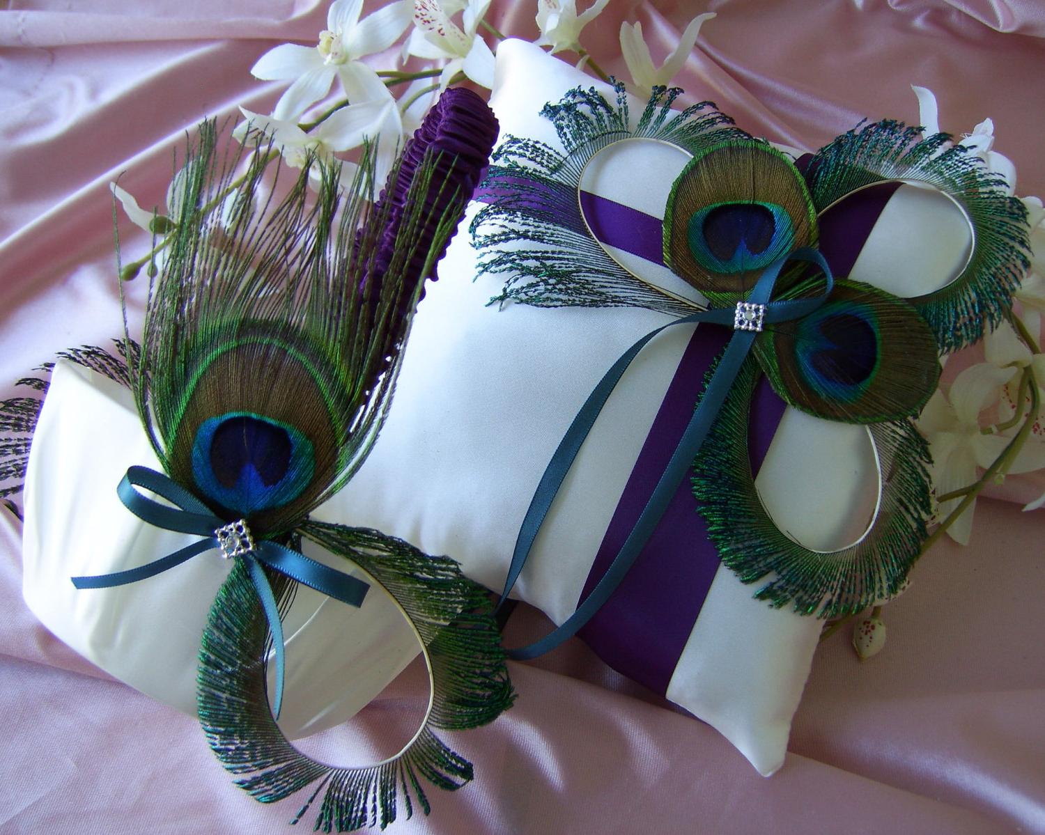 Girl Basket and Ring Bearer Pillow Set Purple and Teal Wedding Colors