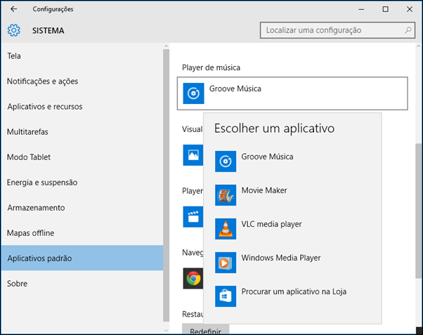 Clique no aplicativo padrão que você deseja alterar e escolha um aplicativo de sua preferência