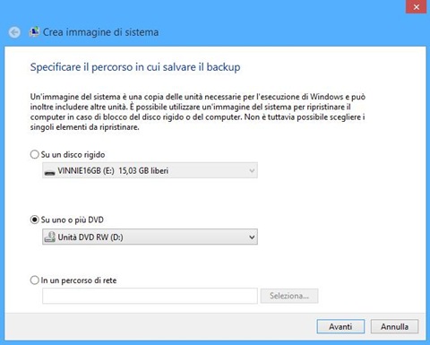 Windows 8 Specificare il percorso in cui salvare il backup