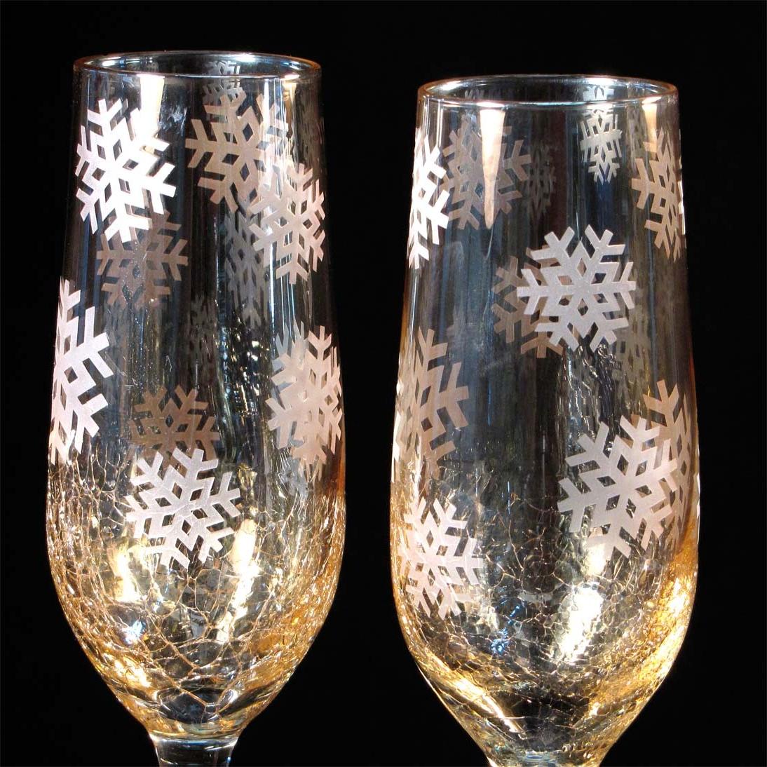 Winter Wedding Toasting Flutes, Golden Snowflake Crackle Glass