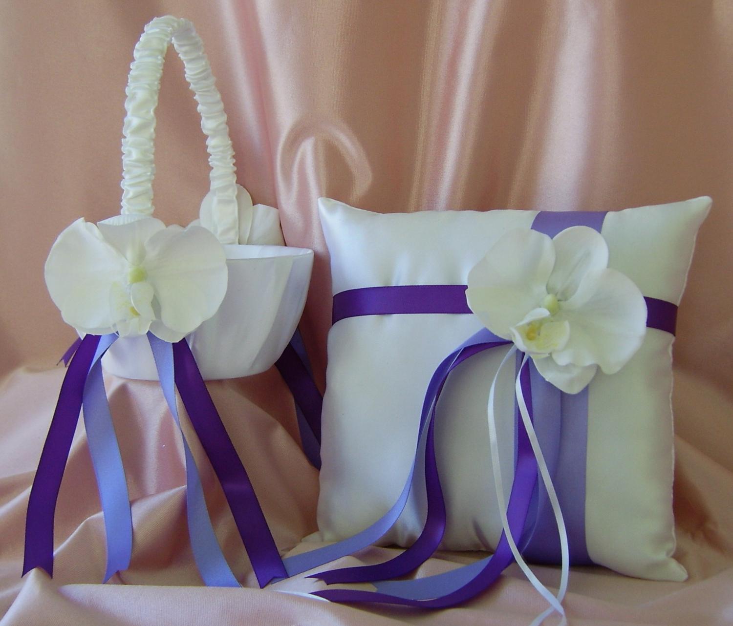 Purple and Lavender Wedding Flower Girl Basket and Ring Bearer Pillow Spring