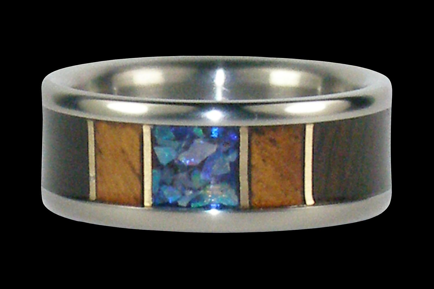 Blue Opal Titanium Ring with Hawaiian Koa, African Black Wood,