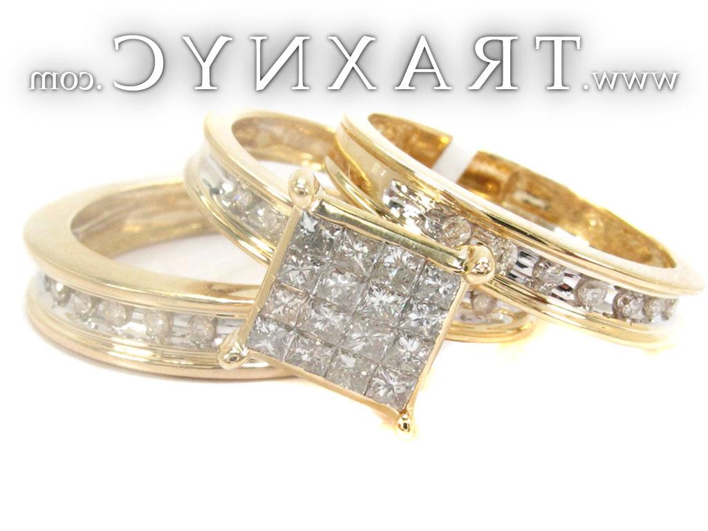 for Yellow Gold Round Princess Cut Channel Invisible Diamond Ring Set