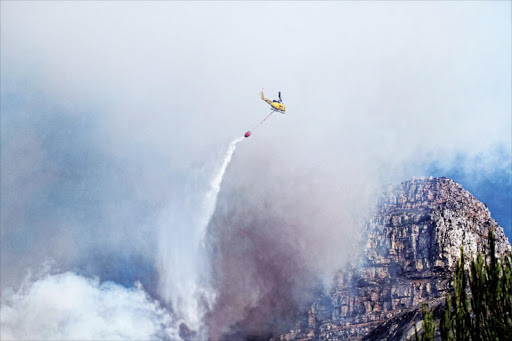 Luxury homes were engulfed in smoke yesterday in upmarket Fresnaye as a fire raged across the foothills of Cape Town's Lion's Head. A helicopter, three water tankers and four motor pumps were used to fight the fire which was still smouldering last night