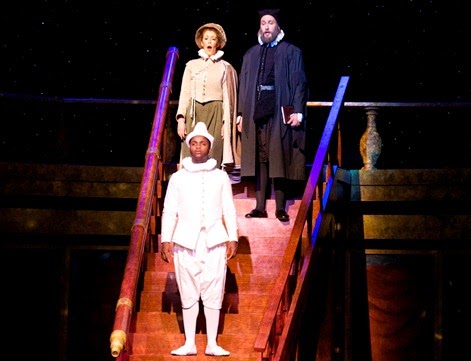 IN PERFORMANCE: (left to right) Deon'te Goodman as Simplico, Lydia Pion as Sagredo, and Derek Gracey as Salviati in Scene 5 of Philip Glass's GALILEO GALILEI at UNCG Opera Theatre in April 2015 [Photo by Amy Holroyd, © by UNCG Opera Theatre]
