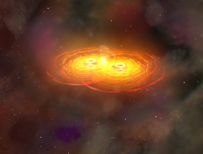 ilustração da fusão de dois buracos negros supermassivos