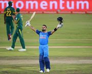 Virat Kohli of India celebrates his 100 runs during the 6th Momentum ODI match between South Africa and India at SuperSport Park on February 16, 2018 in Pretoria.