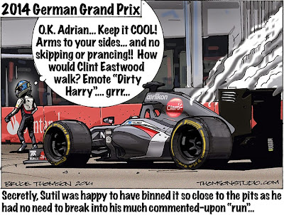 Адриан Сутиль возвращается в боксы Sauber после схода на Гран-при Германии 2014 - комикс Bruce Thomson