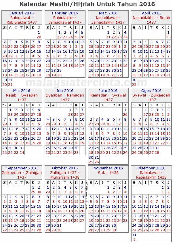 Kalendar Islam Masihi-Hijrah 2016M 1437-1438H