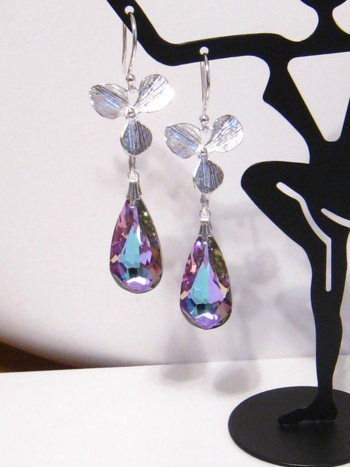 Romantic Purple Crystal Earrings: Orchid Flower, Vitrail Light Purple