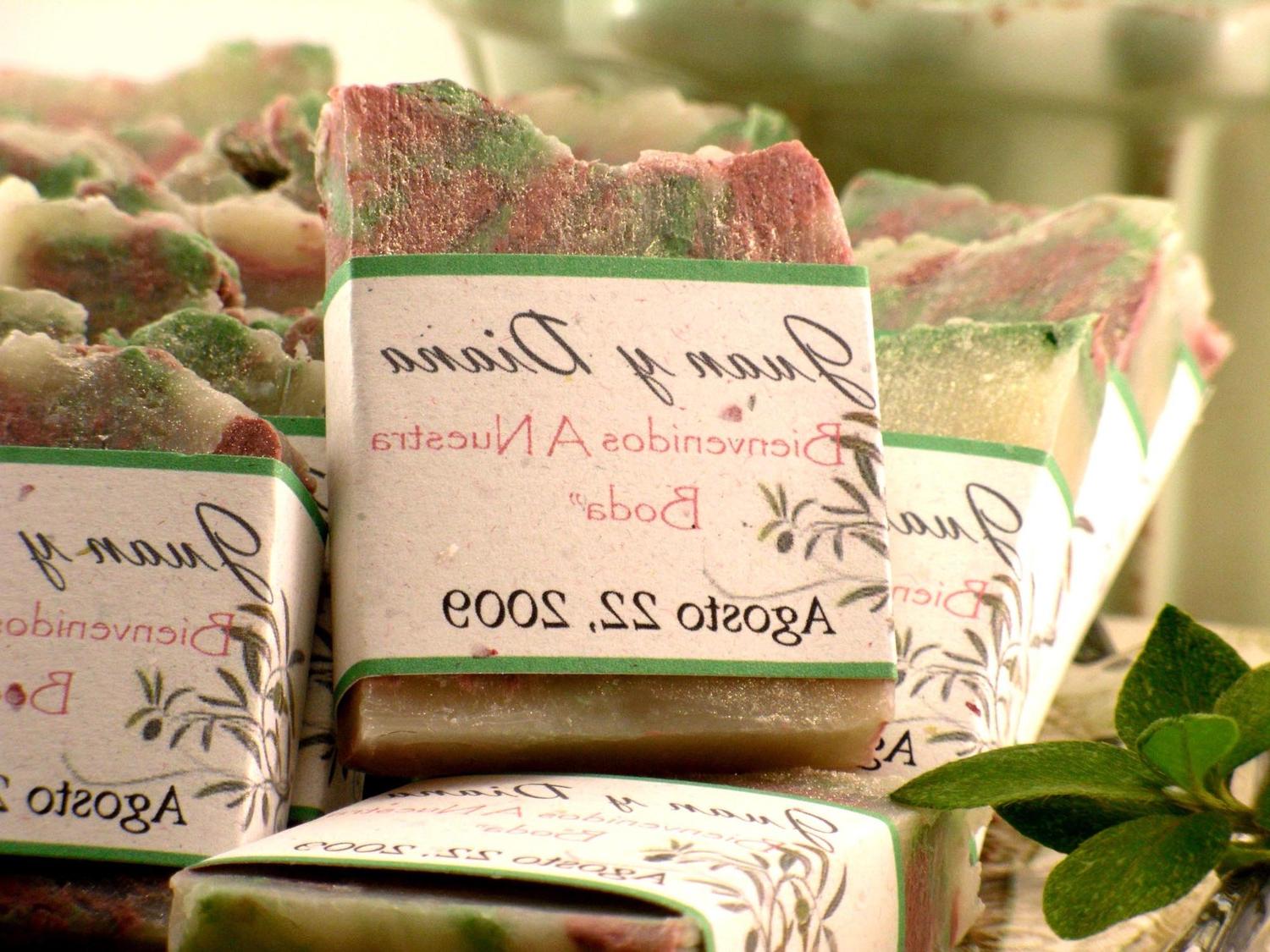 100 Vegan Soap Favors - Olive Scroll - POMEGRANATE MINT - Custom Handmade