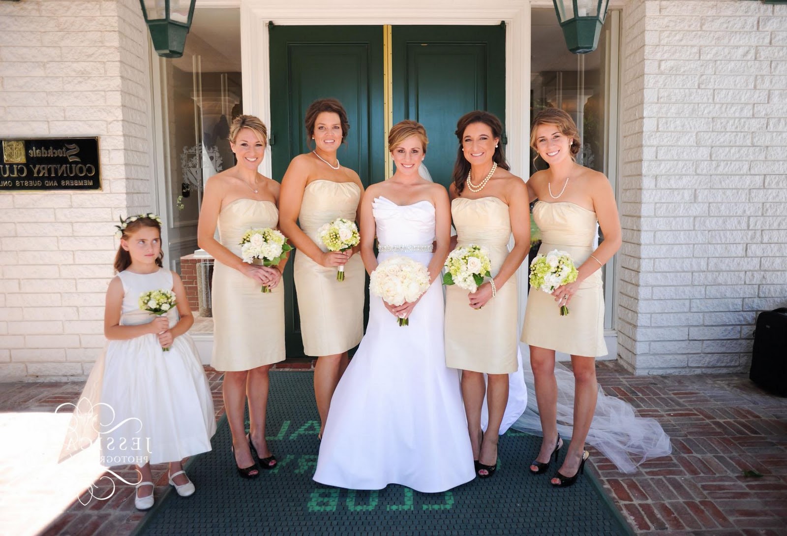 Short Champagne bridesmaid dresses with green and champagne bouquet and