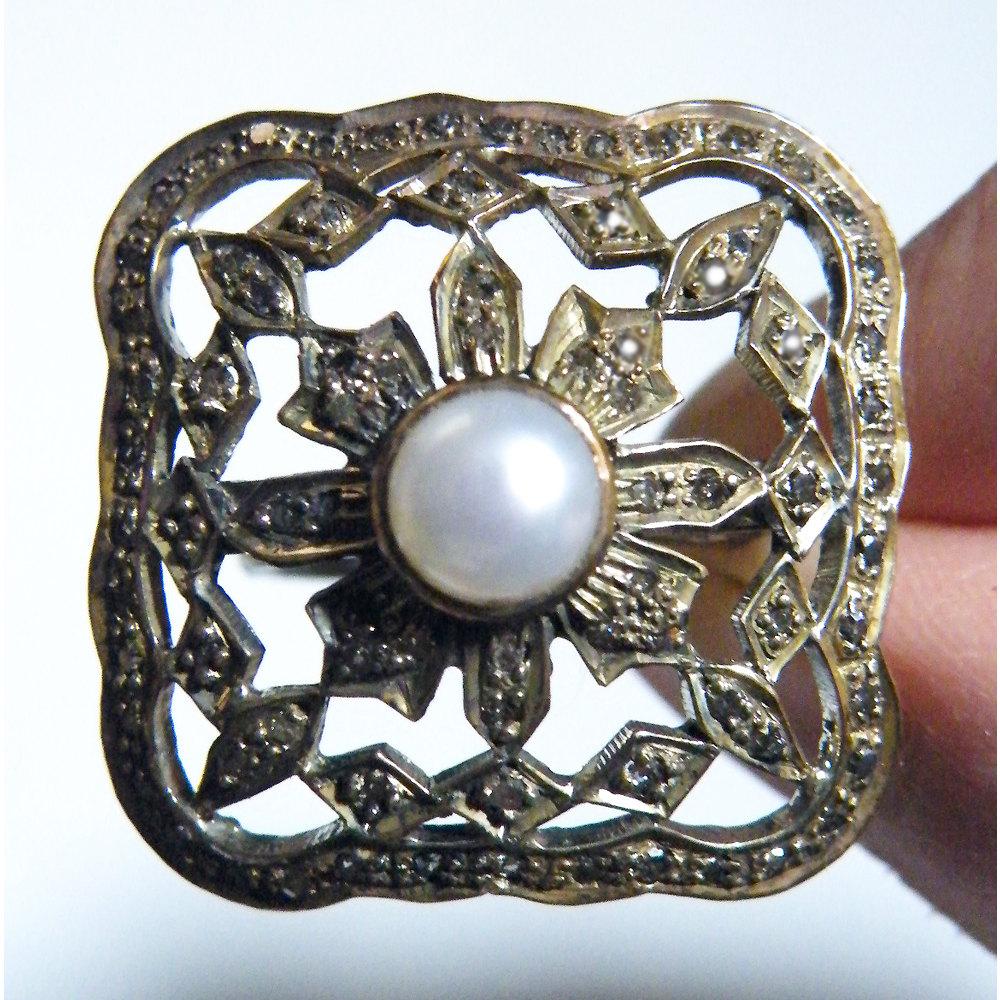Big Vintage Deco Diamond Marcasite and Pearl Solitaire Silver Ring 80
