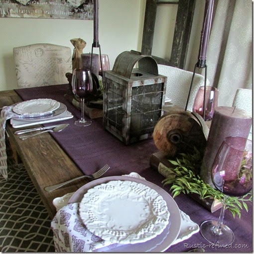 Using some Italian Dessert plates and some polish pottery I set a purple and white tablescape.