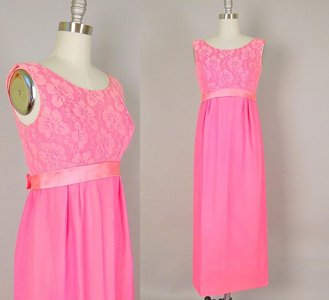 vintage 1960s dress empire lace pink satin chiffon formal