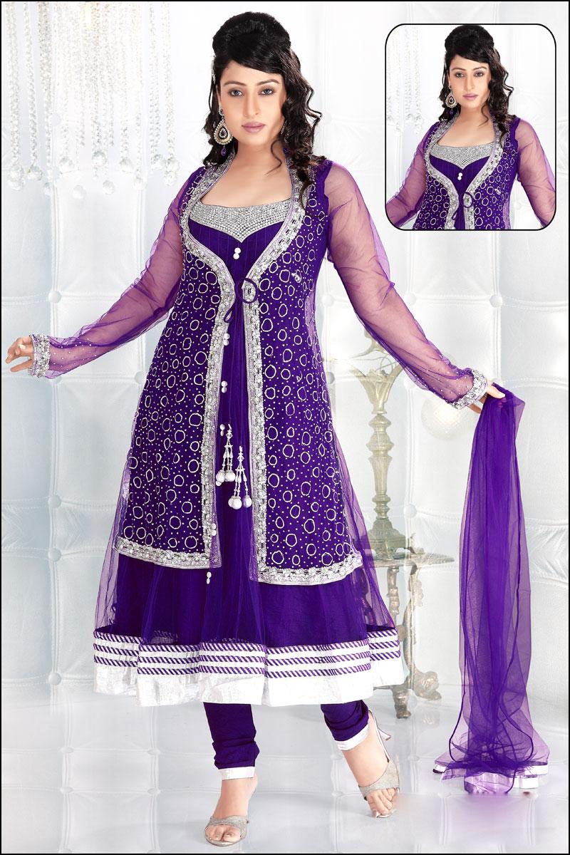 Purple Wedding and Festival Embroidered Net Long Anarkali   190.00
