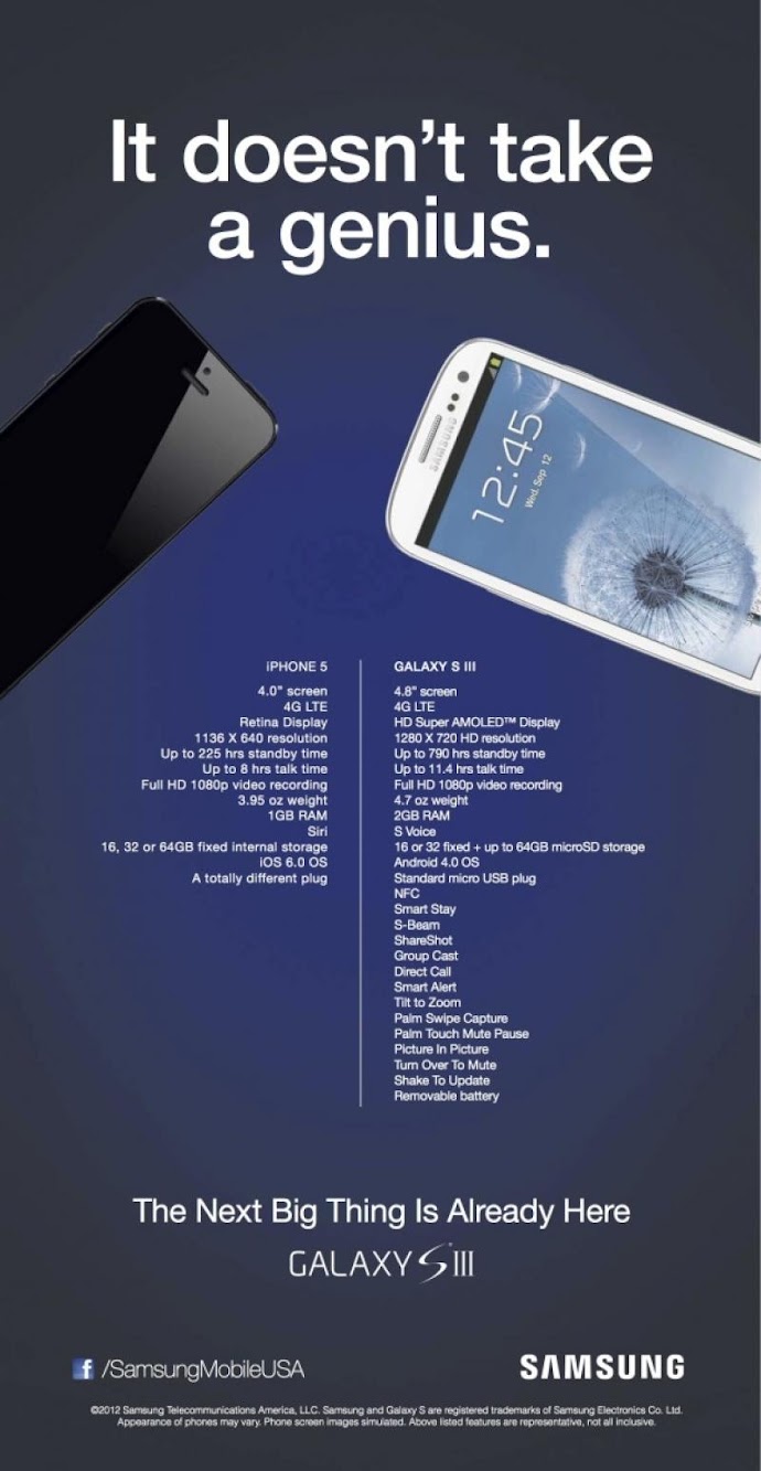 Samsung S3 vs Apple iPhone 5 Print ad Style 