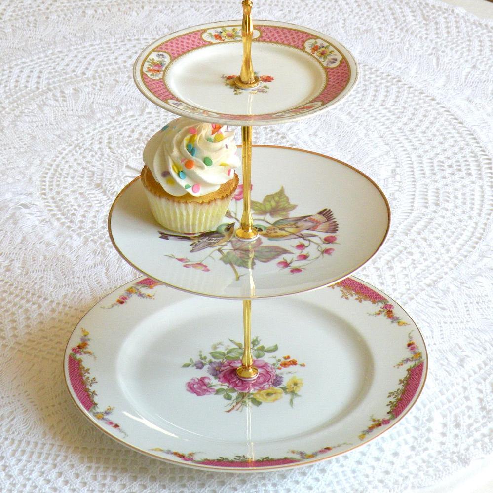Alice Finds 2 Lovebirds, Pink Cupcake Stand Display, Tiered Vintage China