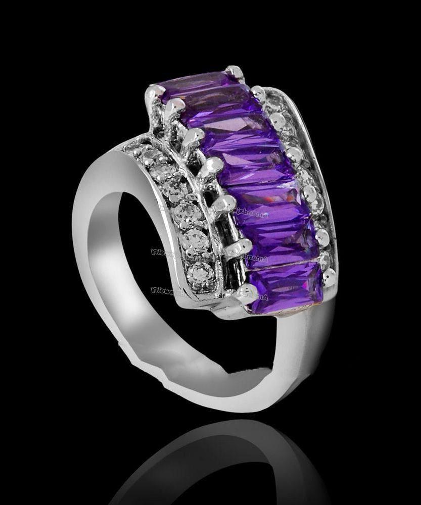Silver Purple Crystal Round Shape Wedding Rings  9948  - amandajewelryshop.