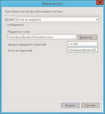 Agregar tarea programada para reiniciar equipo Windows Server 2012 de forma automática todos los días