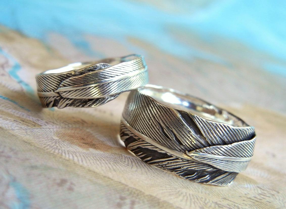 Feather Wedding Rings, Eco Friendly Jewelry, Recycled Silver His and Hers