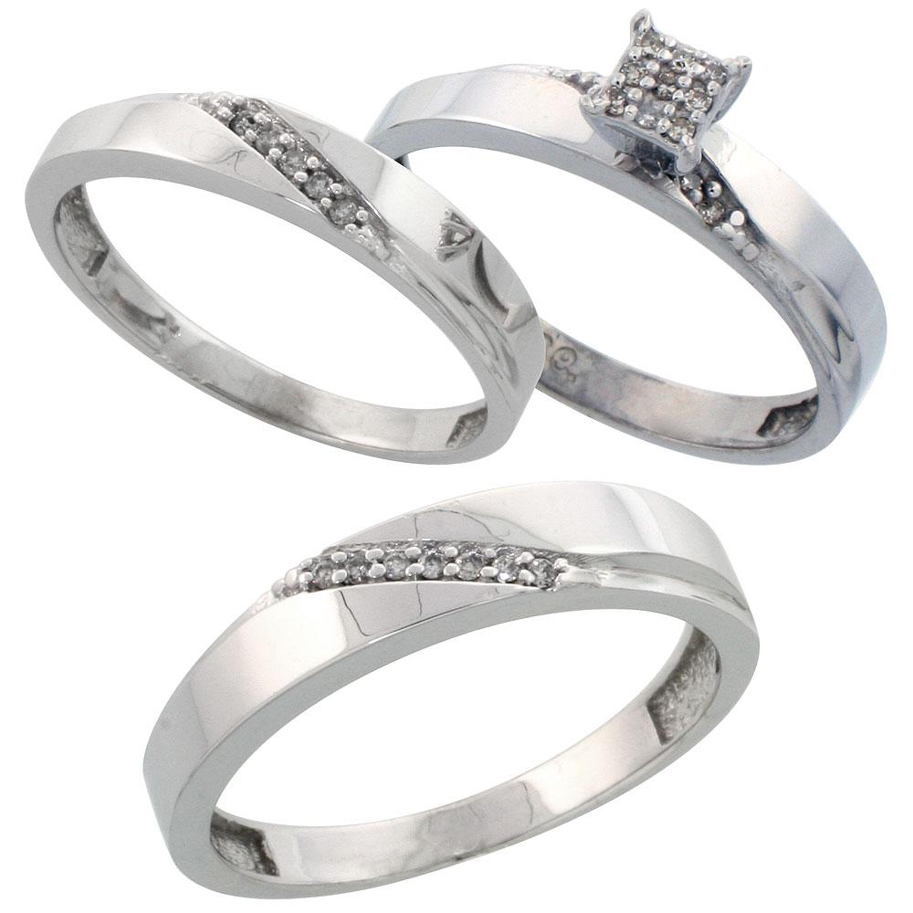 Sterling Silver 3-Piece Trio His  4.5mm  & Hers  3.5mm  Diamond Wedding Band